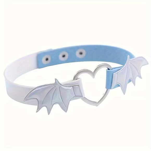 Wicked Silk Jewelry - Wicked Silk Emo, Punk, Cute Anime Cosplay Heart Devil Wings Choker - Blue/White